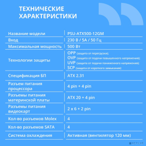 Блок питания CBR ATX 500W 80+ Bronze, DC-DC, APFC, 0.6mm, 20+4pin, 1*8-pin(4+4P), 2*6+2pin, 4*SATA, 4*IDE, 12cm fan, 1.5м кабель питания, черный [PSU-