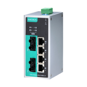 Коммутатор 4 x 10/100BaseTX, 2 x 100BaseFX (многомодовое оптоволокно) с функцией Power Over Ethernet (PoE), разъем ST, с расширенным диапазоном темпер