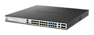 D-Link Управляемый L3 стекируемый PoE-коммутатор, 16x2.5GBase-T PoE, 8x5GBase-T PoE, 2x10GBase-T, 4x25GBase-X SFP28, PoE-бюджет 740 Вт, защита от стат