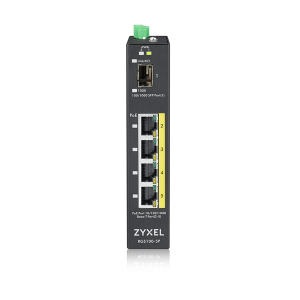 Коммутатор Промышленный PoE+ коммутатор Zyxel RGS100-5P, 4xGE PoE+, 1xSFP, крепление на стену/DIN-рейку, IP30, два источника питания DC, бюджет PoE 12
