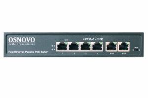 PoE Коммутатор OSNOVO SW-20600/A(80W) Passive PoE коммутатор Fast Ethernet на 6 портов. Порты: 4 х FE (10/100 Base-T, 52V 4,5(+) 7,8(–)) совместимы с