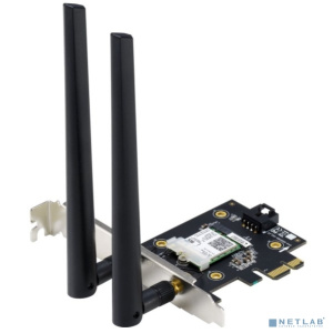 Сетевой адаптер ASUS PCE-AX3000 WiFi+Bluetooth, PCI-E, 4 (802.11n), 5 (802.11ac), 6 (802.11ax), 2976 Мбит/с, 5 ГГц, 2.4 ГГц, антенна - внешняя