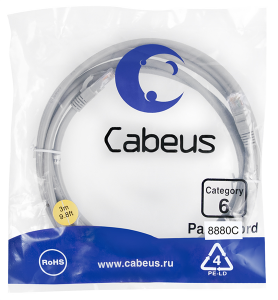 Cabeus PC-UTP-RJ45-Cat.6-3m-LSZH Патч-корд U/UTP, категория 6, 2xRJ45/8p8c, неэкранированный, серый, LSZH, 3м