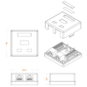 Розетка компьютерная Hyperline SB1-2-8P8C-C6-SH-WH RJ-45(8P8C), кат 6, экранированная, двойная, внешняя, Dual IDC