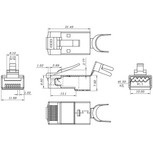 Разъем Hyperline PLUG-8P8C-UV-C6-TW-SH-10 Разъем RJ-45(8P8C) под витую пару, категория 6/6A (50 μ"/ 50 микродюймов), экранированный, универсальный (дл