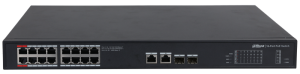 Коммутатор Dahua 16-портовый неуправляемый гигабитный с PoE, уровень L2Порты: 16 RJ45 10/100/1000Мбит/с (PoE/PoE+/Hi-PoE), 2 RJ45 10/100/1000Мбит/с (u