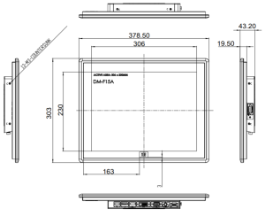 Промышленный монитор DM-F15A/R, дисплей15" XGA, 1024 х 768, 450 кд/м2, резистивный сенсорный дисплей (USB), антибликовое покрытие, питание 9~36 В DC