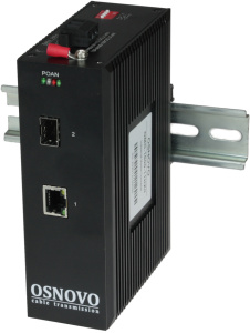 Медиаконвертер OSNOVO OMC-1000-11HX/I Промышленный компактный медиаконвертер Gigabit Ethernet с поддержкой PoE. Порты: 1 x GE (10/100/1000Base-T) с Po