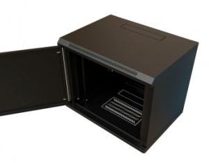 Шкаф коммутационный WRline (WR-TW-1245-SR-RAL9004) настенный 12U 600x450мм пер.дв.металл 2 бок.пан. направл.под винты 60кг черный 350мм 650мм IP20 ста