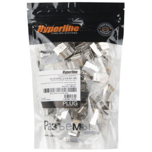 Разъем Hyperline PLUG-8P8C-U-C6-SH-100 RJ-45(8P8C) под витую пару, категория 6 (50 μ"/ 50 микродюймов), экранированный, универсальный (для одножильно