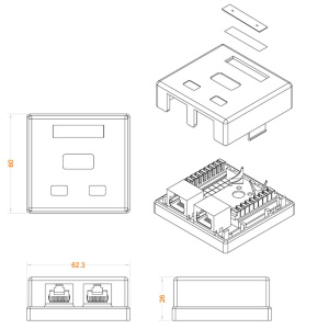 Аксессуары Розетка компьютерная Hyperline SB1-2-8P8C-C5e-SH-WH RJ-45(8P8C), кат 5e, экранированная, двойная, внешняя, Dual IDC