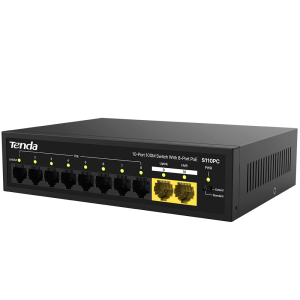 Коммутатор Tenda S110PC Коммутатор неуправляемый PoE, 10 портов 10x100 Мбит/с, PoE 8х до 30 Вт, настольный