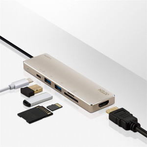 1 разъём HDMI м-м на выноске 25,4 см, 1 разъём RJ-45 м–м на кабеле CAT 5e ATEN USB-C Multiport Mini Dock - PD60W