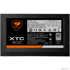 Cougar XTC 600 Блок питания Cougar XTC 600 (Разъем PCIe-2шт,ATX v2.31, 600W, Active PFC, 120mm Fan, Power cord, 80 Plus, Japanese standby capacitors)