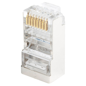 Разъем Hyperline PLUG-8P8C-U-C6-SH-100 RJ-45(8P8C) под витую пару, категория 6 (50 μ"/ 50 микродюймов), экранированный, универсальный (для одножильно