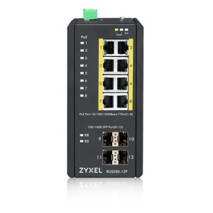 Коммутатор Промышленный L2 PoE+ коммутатор Zyxel RGS200-12P, 8xGE PoE+, 4xSFP, крепление на стену/DIN-рейку, IP30, два источника питания DC, бюджет Po
