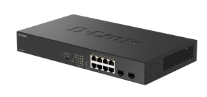Коммутатор D-Link Конфигурируемый PoE-коммутатор, 8х1000Base-T PoE, 2x1000Base-X SFP, PoE-бюджет 125 Вт, дальность PoE до 250 м, DIP-переключатель, ко