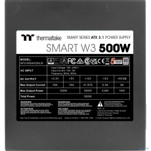 Блок питания ПК Thermaltake Smart W3 500 /Non Modular/Non Light/Full Range/Analog/80 Plus/EU/Non JP CAP/All Flat Cables/ATX 3.1
