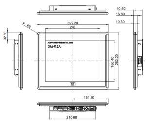 Промышленный монитор DM-F12A/R, дисплей 12"XGA, 1024 х 768, 600 кд/м2, резистивный сенсорный дисплей (USB), антибликовое покрытие, питание 9~36 В DC