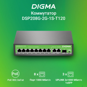 Digma DSP208G-2G-1S-T120 Коммутатор (L2) 10х1Гбит/с 1SFP 8PoE 8PoE+ 120W неуправляемый