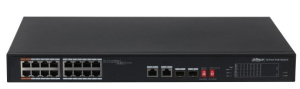 Коммутатор Dahua DH-PFS3218-16ET-135 18-портовый неуправляемый с РоЕ, 16xRJ45 100Mb PoE, 2хКомбо SFP/RJ45 1Gb uplink, суммарно 135Вт, коммутация 7.2 Г