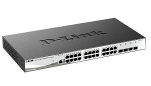 Коммутатор D-LINK Управляемый L2 , 24x1000Base-T, 4x10GBase-X SFP+, защита от статического электричества до 6 кВ, CLI, консольный порт RJ-45, RPS