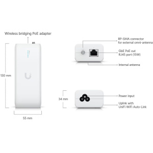 Ubiquiti UniFi Device Bridge Радиоустройство 5 ГГц, 802.11a/n/ac, MIMO 2х2, 1х 1G RJ45 (с раздачей PoE)