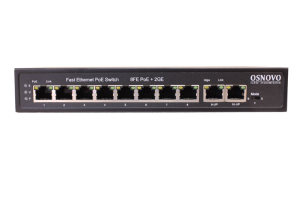 PoE Коммутатор OSNOVO SW-20820(120W) PoE коммутатор Fast Ethernet на 10 RJ45 портов. Порты: 1 x FE (10/100Base-T) с PoE (до 60W, A+B) + 7 x FE (10/100