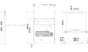 Модульная консоль для стойки 19" Unicorn 19-RU-SEA, высота 1U, чёрный цвет, возможность установки KVM переключателя.