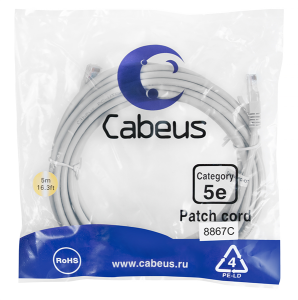 Cabeus PC-UTP-RJ45-Cat.5e-5m-LSZH Патч-корд U/UTP, категория 5е, 2xRJ45/8p8c, неэкранированный, серый, LSZH, 5м